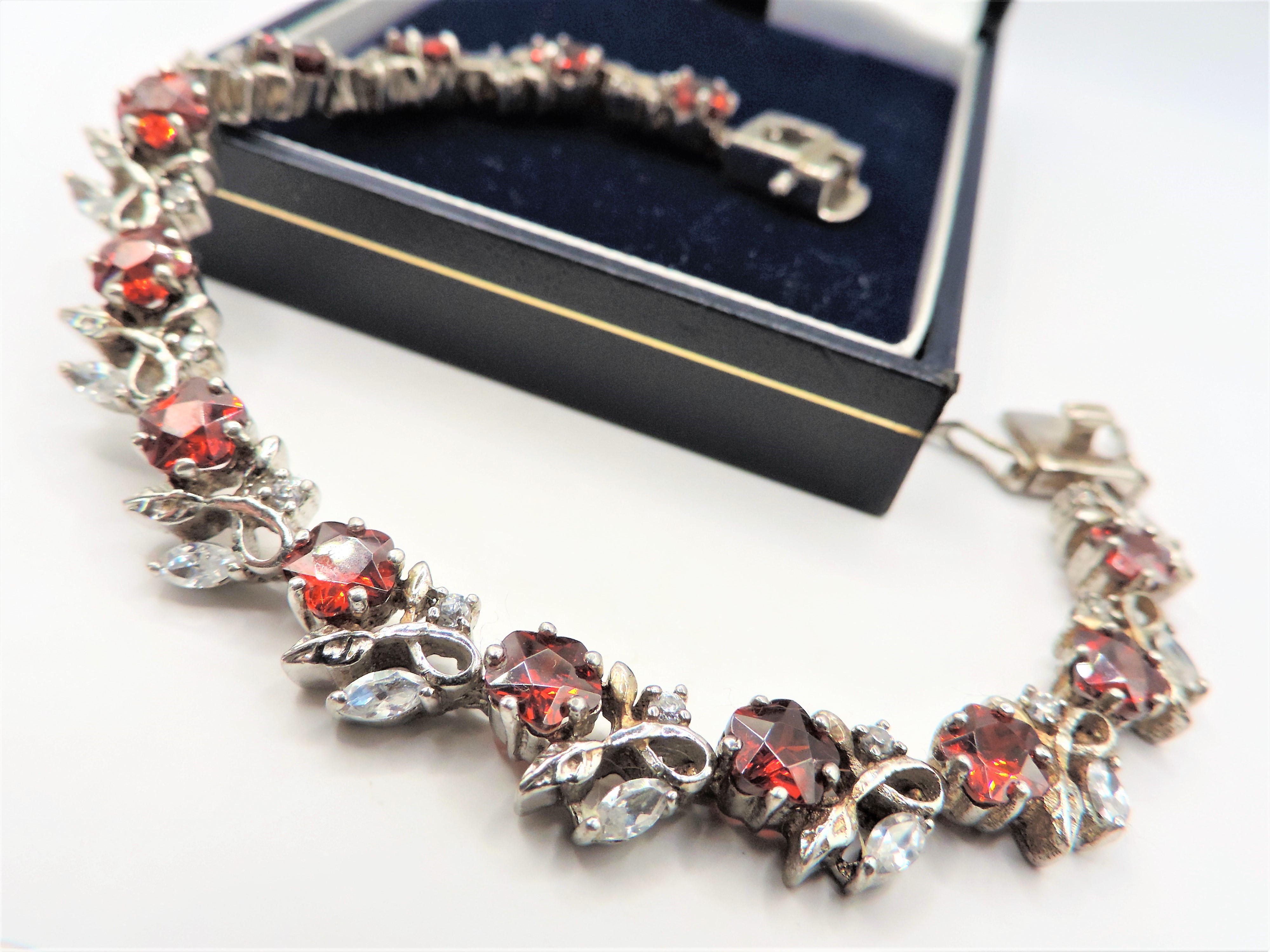 Sterling Silver Garnet & Topaz Floral Cluster Bracelet with Gift Box - Image 4 of 7