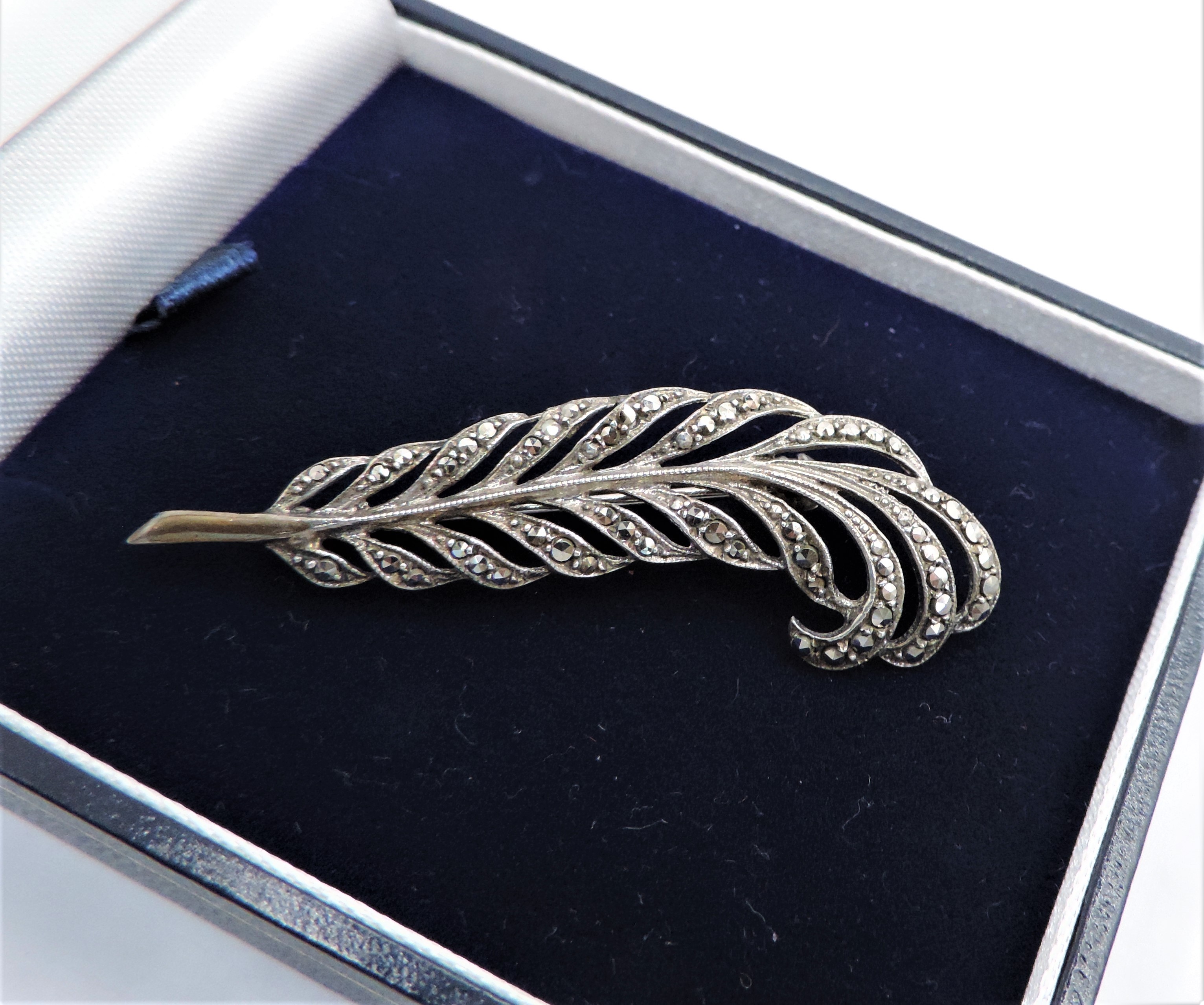 Vintage Sterling Silver Marcasite Leaf Brooch