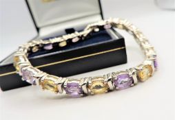 Sterling Silver 16CT Amethyst & Citrine Tennis Bracelet with Gift Box