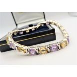 Sterling Silver 16CT Amethyst & Citrine Tennis Bracelet with Gift Box