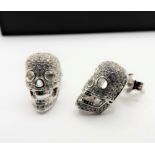 New Tresor Paris Sterling Silver Crystal Encrusted Skull Stud Earrings