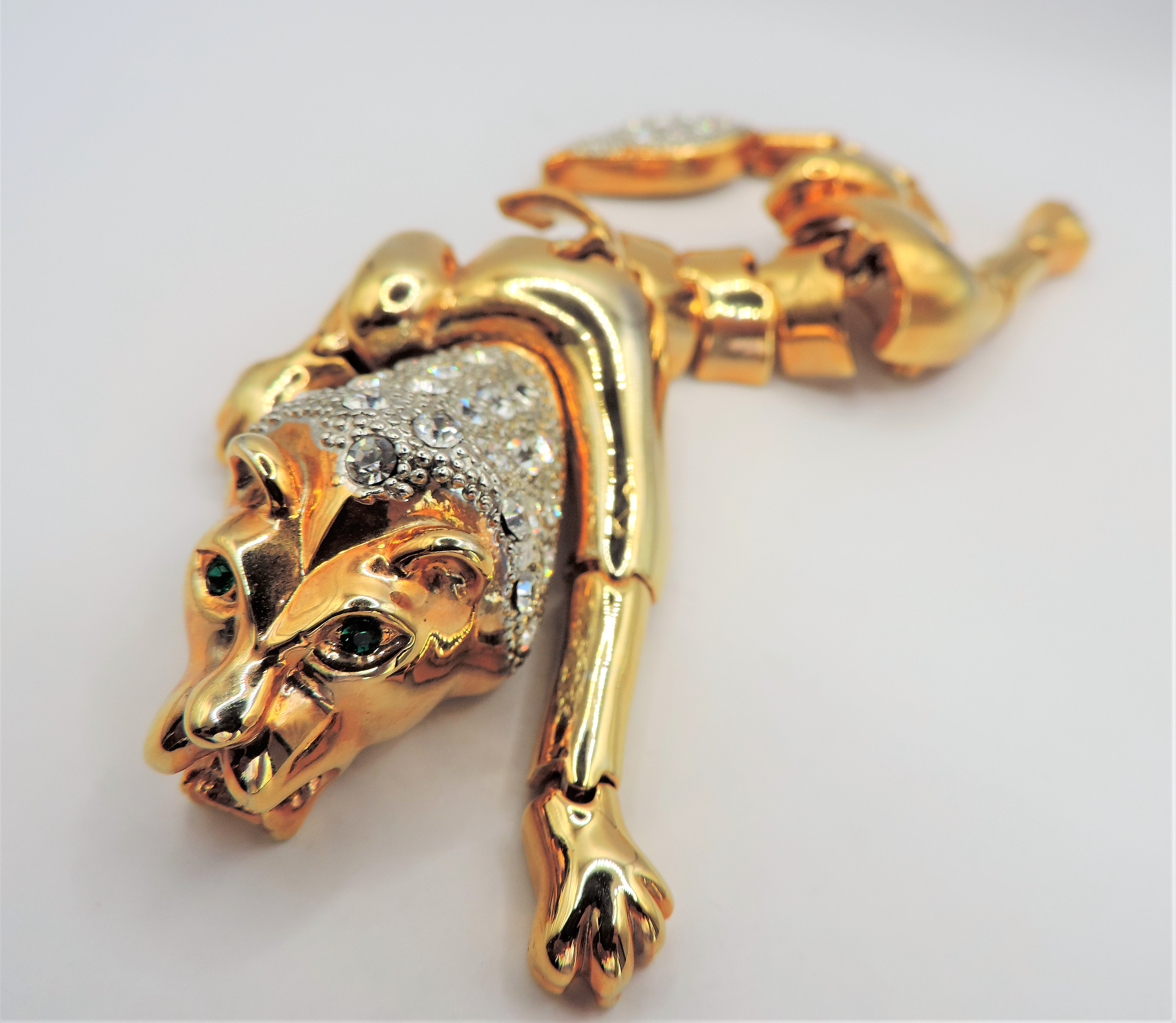 Vintage Articulated Gold Plated Crystal Lion Brooch 7 inches Long Circa 1980's - Image 6 of 8