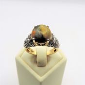 Gold on Sterling Silver Bumble Bee Jasper Cabochon Ring New with Gift Pouch