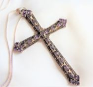 Large Ornate Sterling Silver 12CT Amethyst & Marcasite Cross & Chain