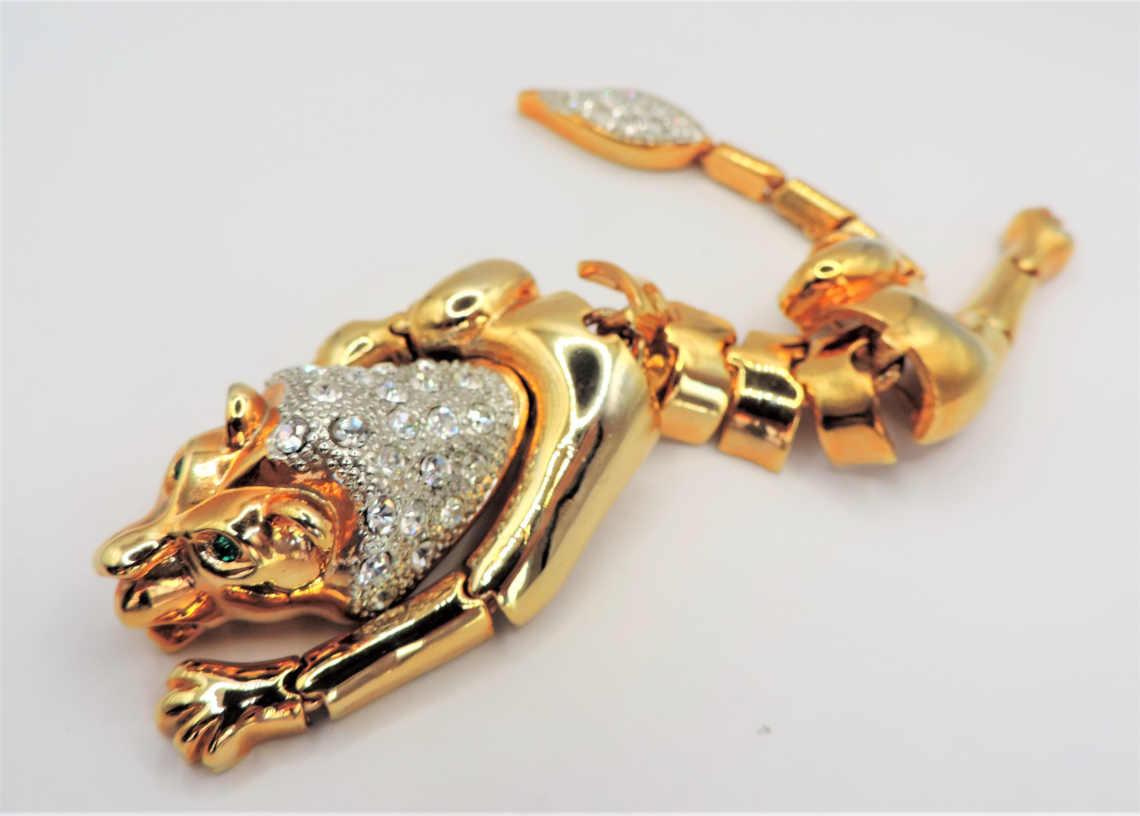 Vintage Articulated Gold Plated Crystal Lion Brooch 7 inches Long Circa 1980's - Image 2 of 8