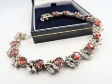 Sterling Silver Garnet & Topaz Floral Cluster Bracelet with Gift Box