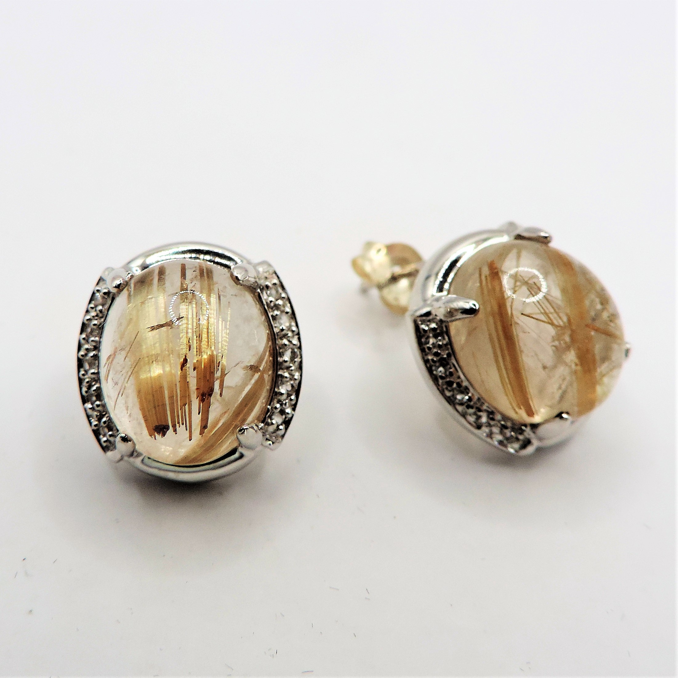Sterling Silver Golden Rutilated Cabochon Quartz & Diamond Earrings New with Gift Box - Image 4 of 4