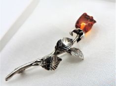 Artisan Sterling Silver & Baltic Amber Rose Brooch