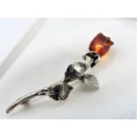 Artisan Sterling Silver & Baltic Amber Rose Brooch