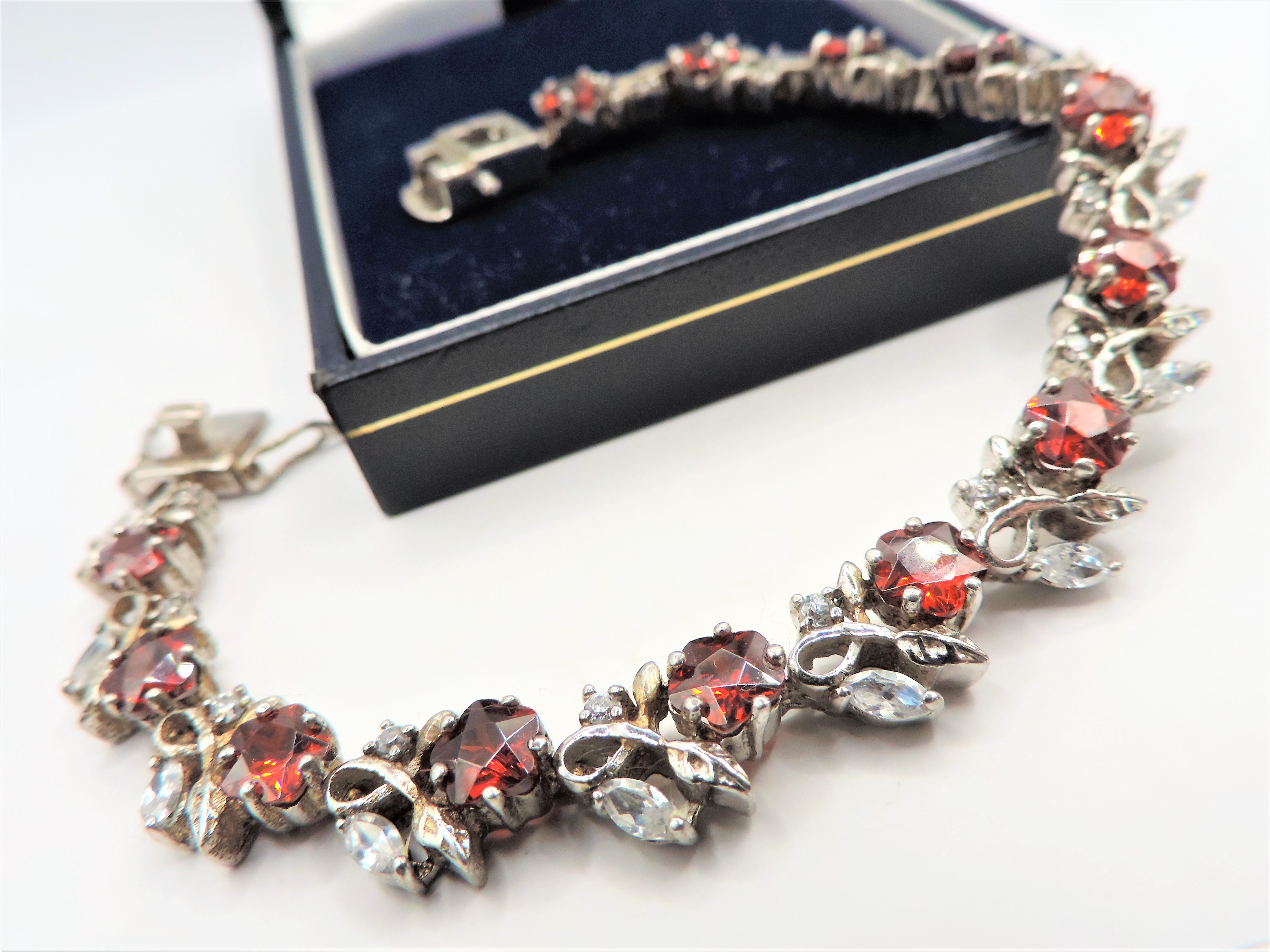 Sterling Silver Garnet & Topaz Floral Cluster Bracelet with Gift Box - Image 3 of 7