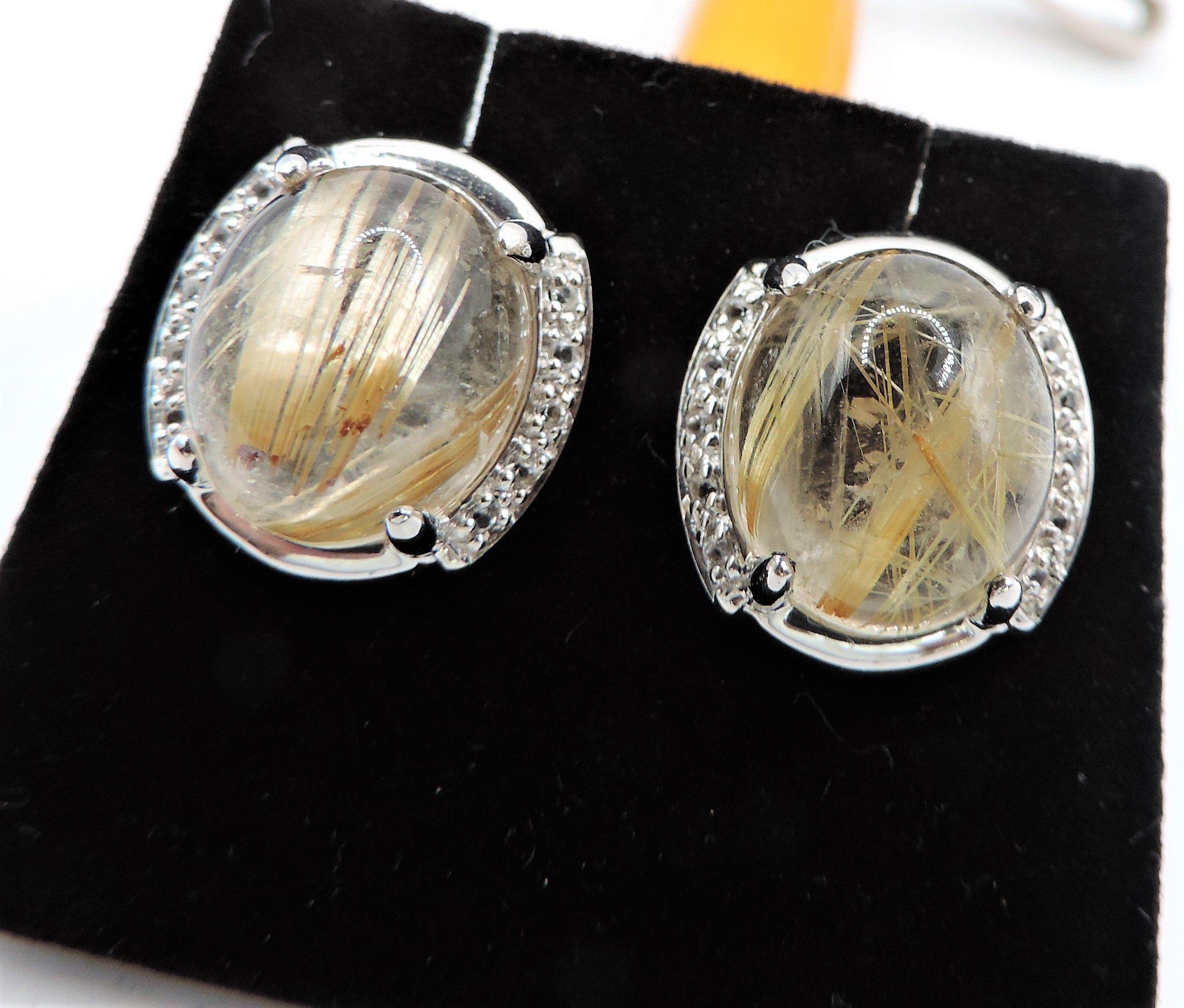 Sterling Silver Golden Rutilated Cabochon Quartz & Diamond Earrings New with Gift Box - Image 2 of 4