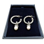 New Artisan Sterling Silver Cultured Pearl Hoop Drop Earrings with Gift Box