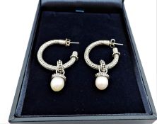 New Artisan Sterling Silver Cultured Pearl Hoop Drop Earrings with Gift Box