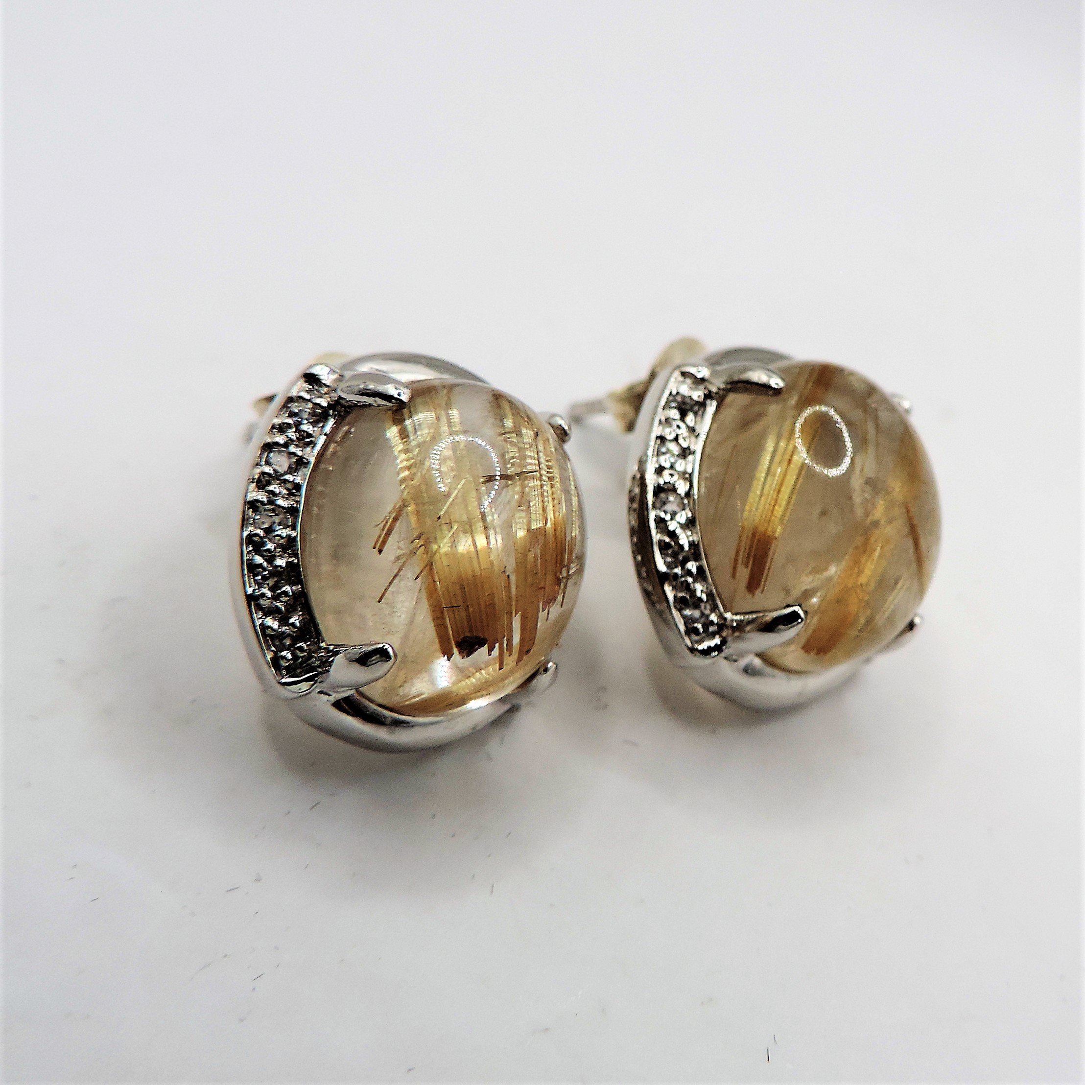 Sterling Silver Golden Rutilated Cabochon Quartz & Diamond Earrings New with Gift Box - Image 3 of 4