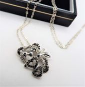 Sterling Silver Black & White Diamond Love Panda Pendant Necklace 'New' with Gift Pouch