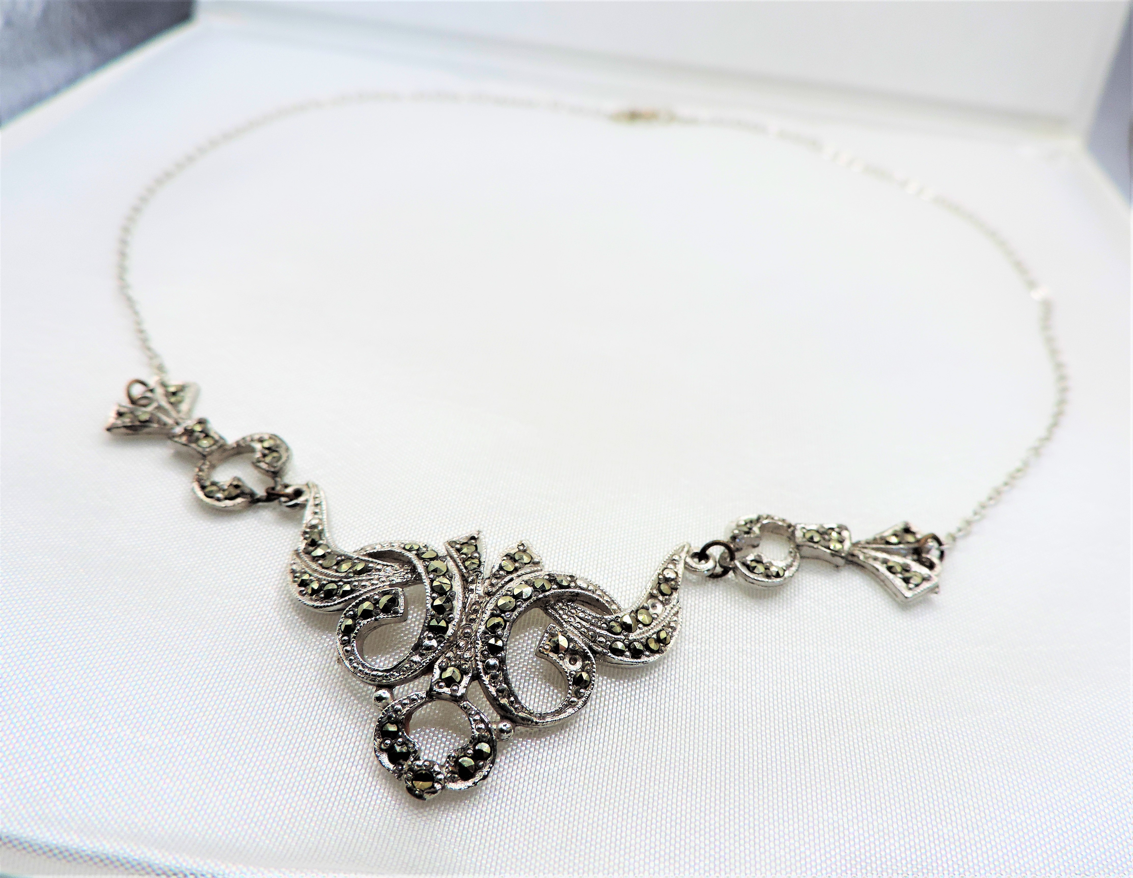 Vintage Silver Marcasite Necklace with Gift Pouch c. 1950's