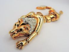 Vintage Articulated Gold Plated Crystal Lion Brooch 7 inches Long Circa 1980's