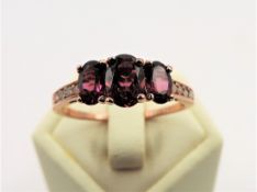 Rose Gold on Sterling Silver Trilogy Garnet Diamond Ring New with Gift Pouch