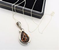 Sterling Silver Baltic Amber Teardrop Pendant Necklace