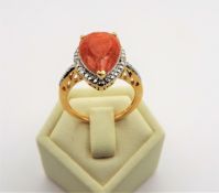 Gold on Sterling Silver Orange Sunstone & Diamond Ring New with Gift Pouch