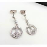 New Sterling Silver Diamond Set Peace Sign Drop Earrings with Gift Box