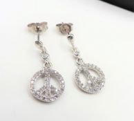 New Sterling Silver Diamond Set Peace Sign Drop Earrings with Gift Box
