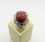Sterling Silver 7.4 ct Cabochon Red Jade Ring New with Gift Pouch