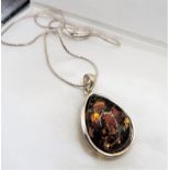 Sterling Silver Amber Pendant Necklace with Gift Pouch