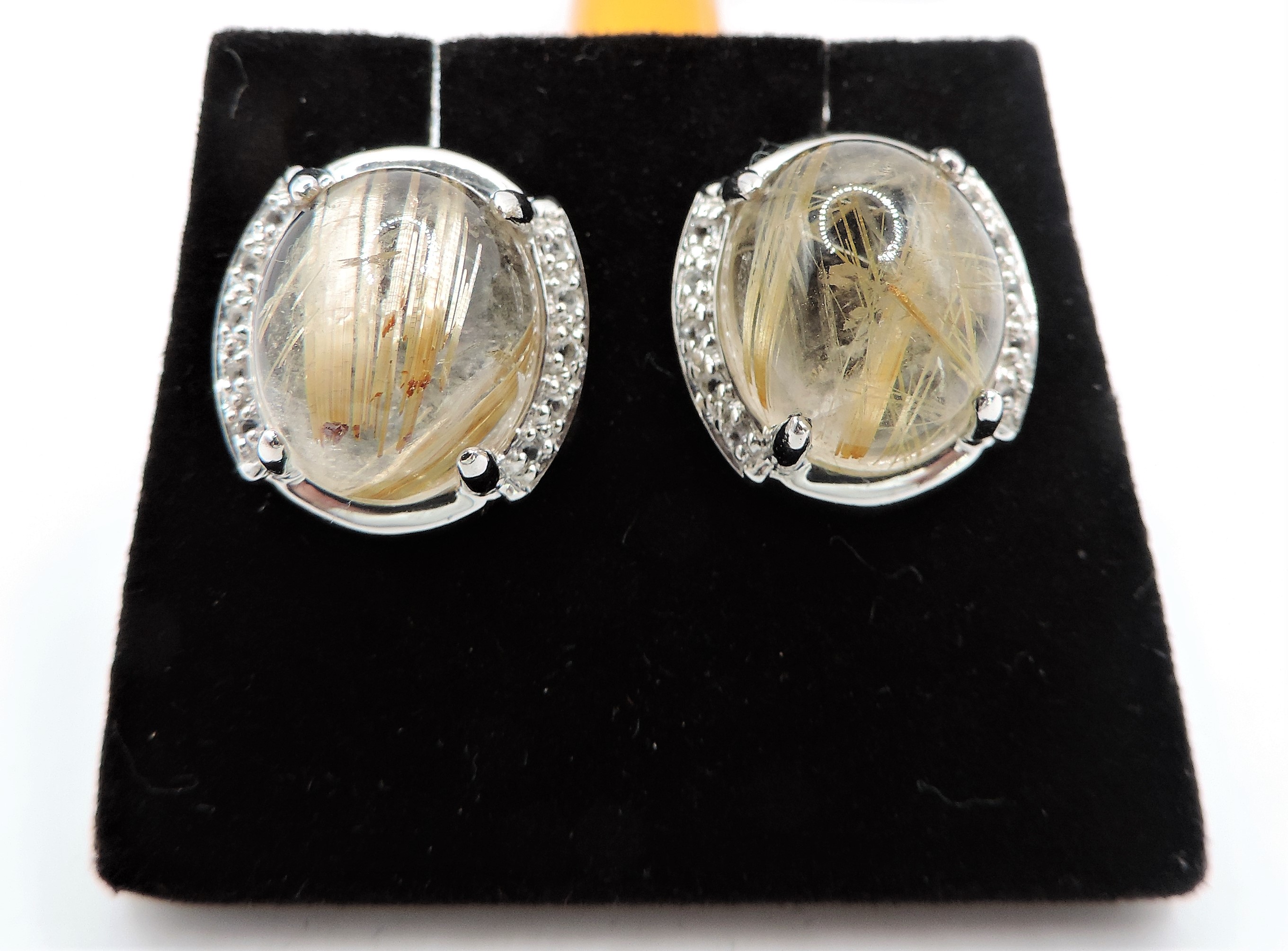 Sterling Silver Golden Rutilated Cabochon Quartz & Diamond Earrings New with Gift Box