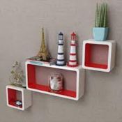 3 Floating Wall Cube Shelves In White & Red RRP £45.96