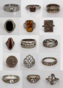 Collection of 15 Vintage Silver Rings