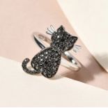 New! Black Diamond Cat Ring in Black and Platinum Overlay Sterling Silver