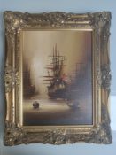 Renowned Barry Hilton Oil On Canvas Painting Depicting Marine and Tall Ship Scene