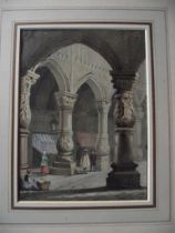 Samuel Prout Watercolour - Figures In The Courtyard Of Prince-bishops' Palace Liege Belgium - 180...