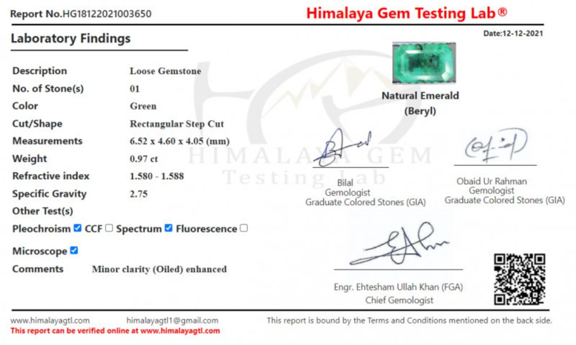 Certified Emerald 0.97Ct, Rectangular Step Cut Gemstone - Image 3 of 5