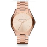 Michael Kors Ladies Glitz Slim Rose Gold Tone Runway Watch MK3197