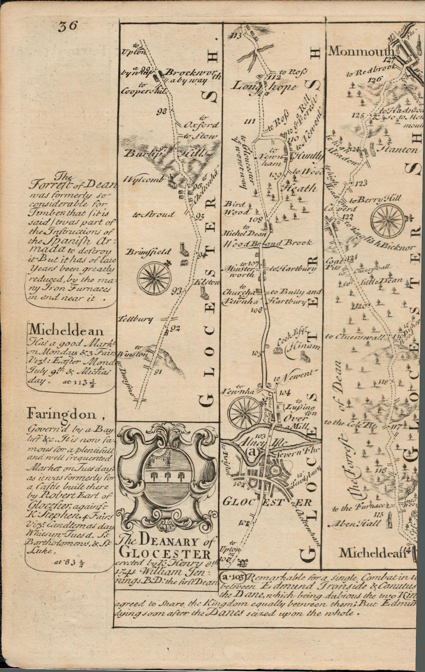 Britannia Depicta E Bowen c1730 Map Gloucester Abingdon Farringdon Monmouth.