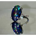 Beautiful 8.16 CT Natural Black Opal Ring With Natural Diamond & 18k Gold