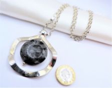 Vintage Chunky Black Blizzard Gemstone Pendant Necklace Sterling Silver 37 grams