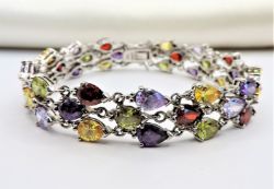 Rainbow Gemstone Tennis Bracelet 25 Carats Sterling Silver New With Gift Box