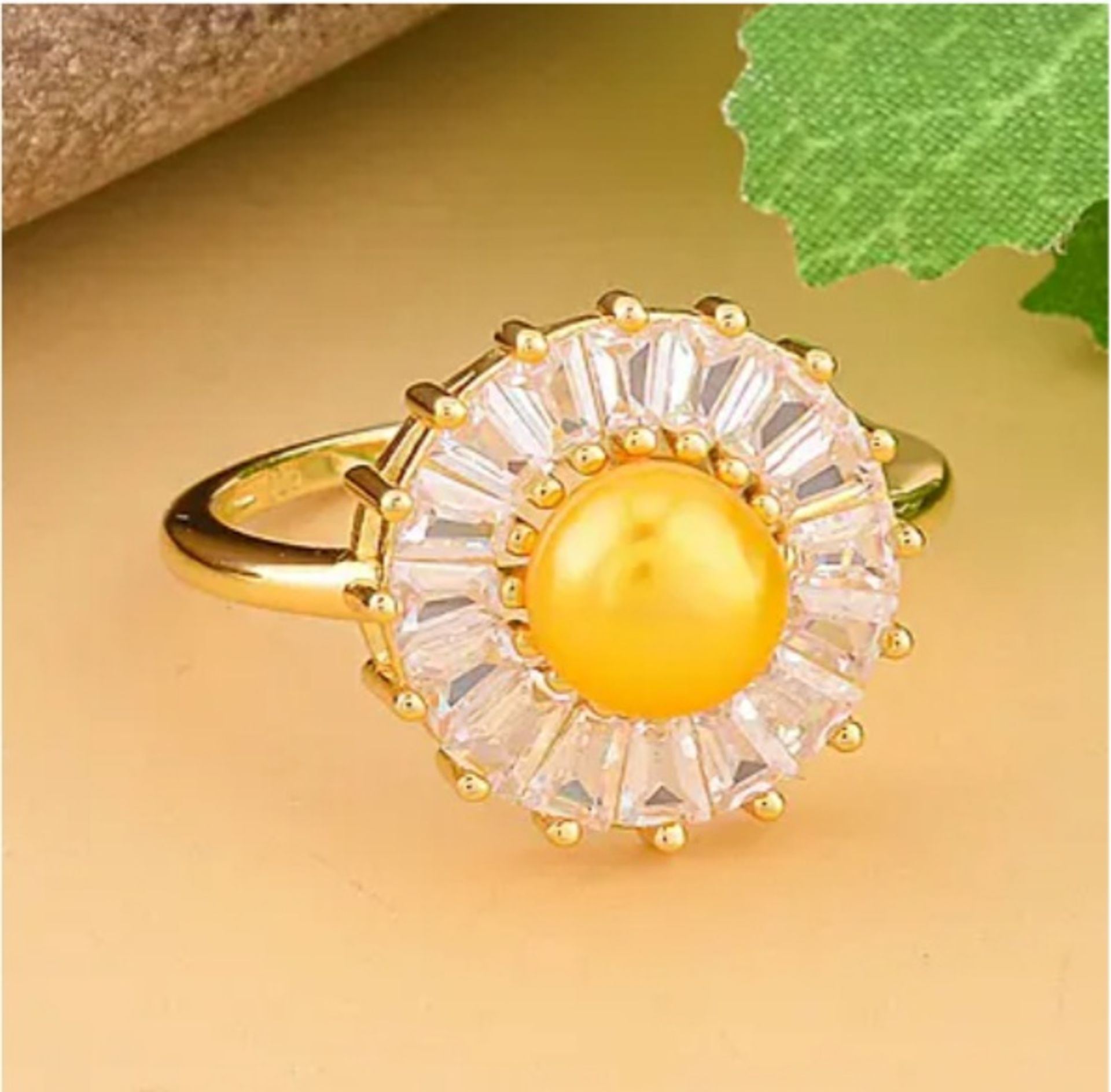 NEW! Golden Fresh Water Pearl and Simulated Diamond Floral Ring