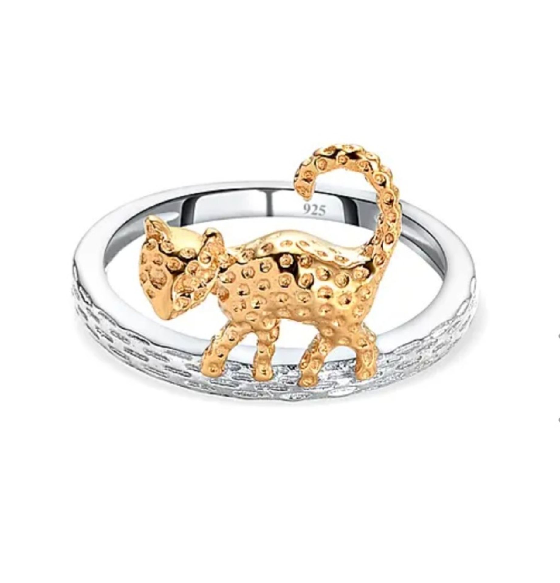 NEW! Platinum and Gold Overlay Sterling Silver Cat Band Ring - Image 3 of 5