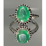 Beautiful Natural Emerald Ring With Natural Black Diamonds and 18k Gold