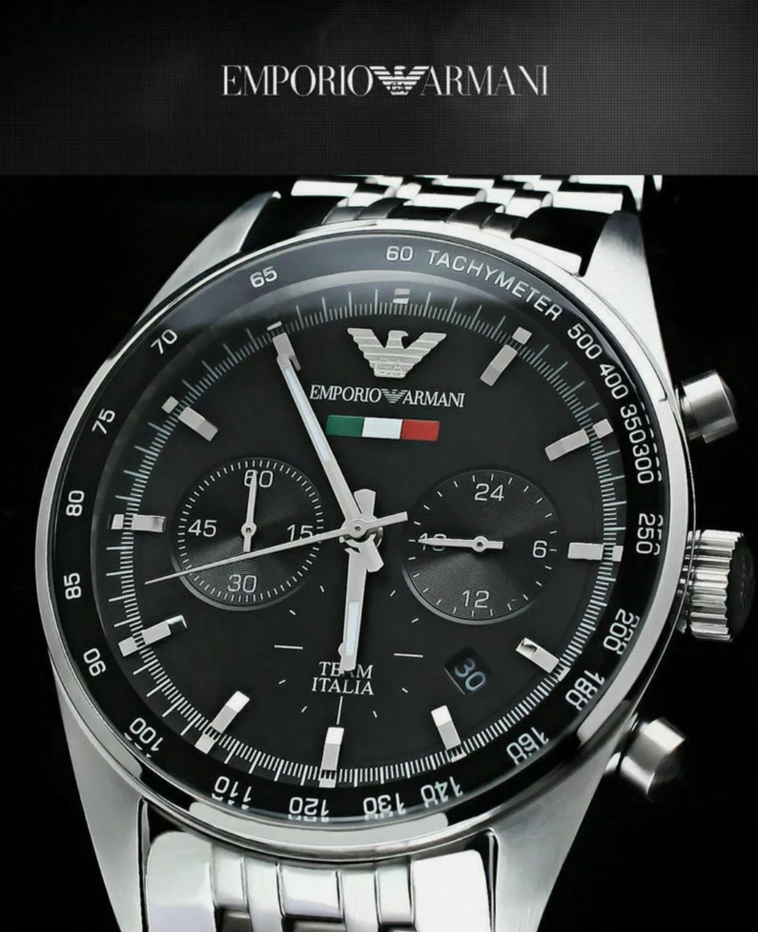 Men's Emporio Armani AR5983 Quartz Black Dial Stainless Steel Chronograph Watch - Image 4 of 6