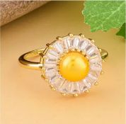 New! Golden Fresh Water Pearl and Simulated Diamond Floral Ring