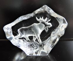Signed Mats Jonasson Crystal Bull Moose Miniature Paperweight