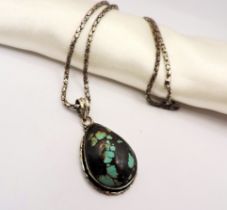 Vintage Sterling Silver Natural Turquoise Pendant Necklace