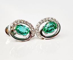 Beautiful Natural Emerald, Diamond Halo Set Stud Earrings In Platinum 950
