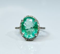 Beautiful 4.15CT Natural Untreated Columbian Emerald Ring, Diamonds & 18k Gold