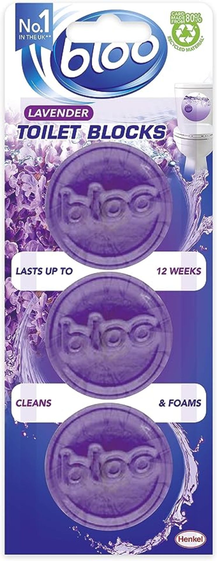 x48 Brand New Packs of 3 Bloo Lavender Toilet Blocks. Lasts Up To 12 Weeks, Cleans & Foams.